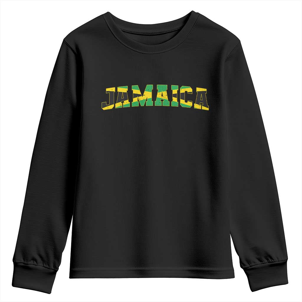 Jamaican Pride Youth Sweatshirt Retro Jamaica Flag Distressed Varsity Lettering Style - Wonder Print Shop