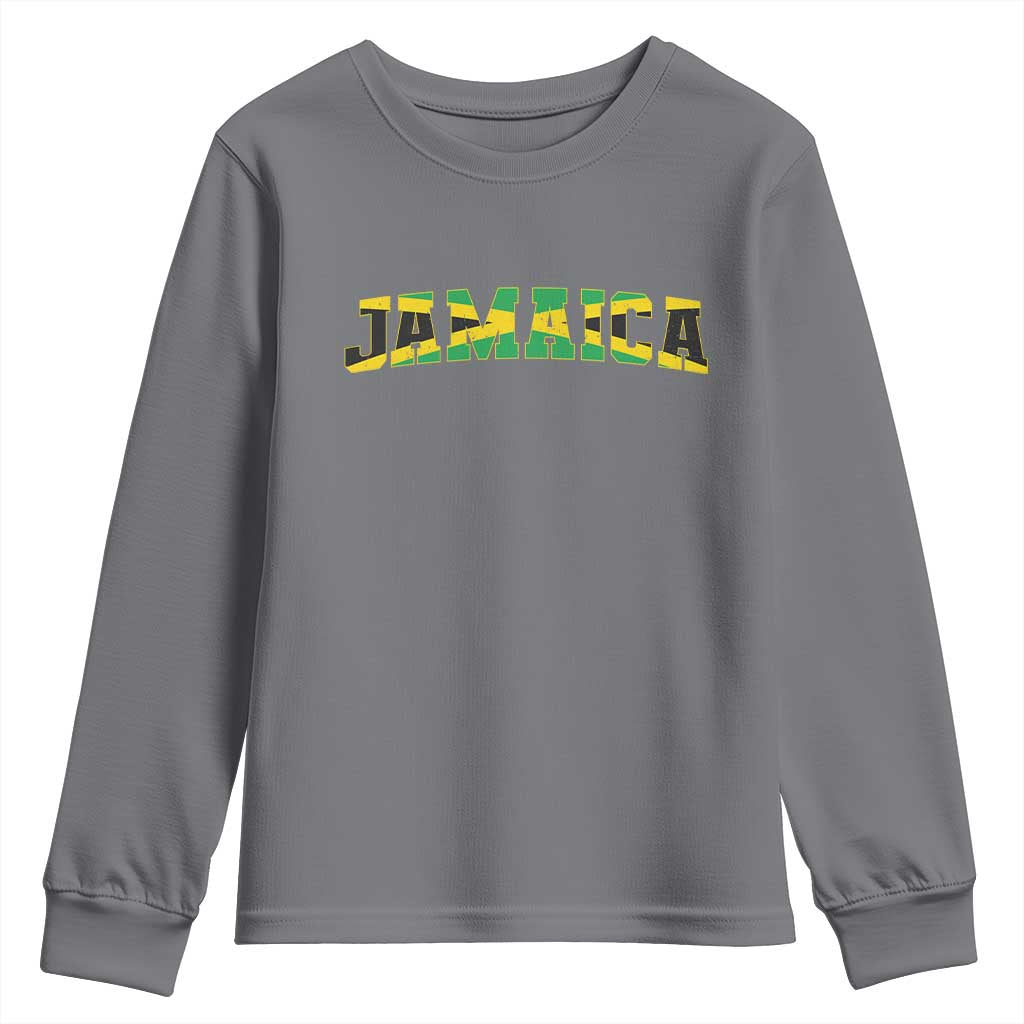 Jamaican Pride Youth Sweatshirt Retro Jamaica Flag Distressed Varsity Lettering Style - Wonder Print Shop
