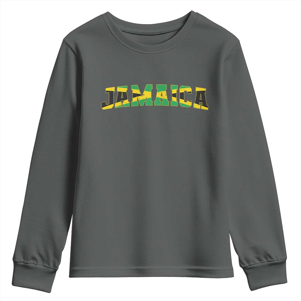 Jamaican Pride Youth Sweatshirt Retro Jamaica Flag Distressed Varsity Lettering Style - Wonder Print Shop