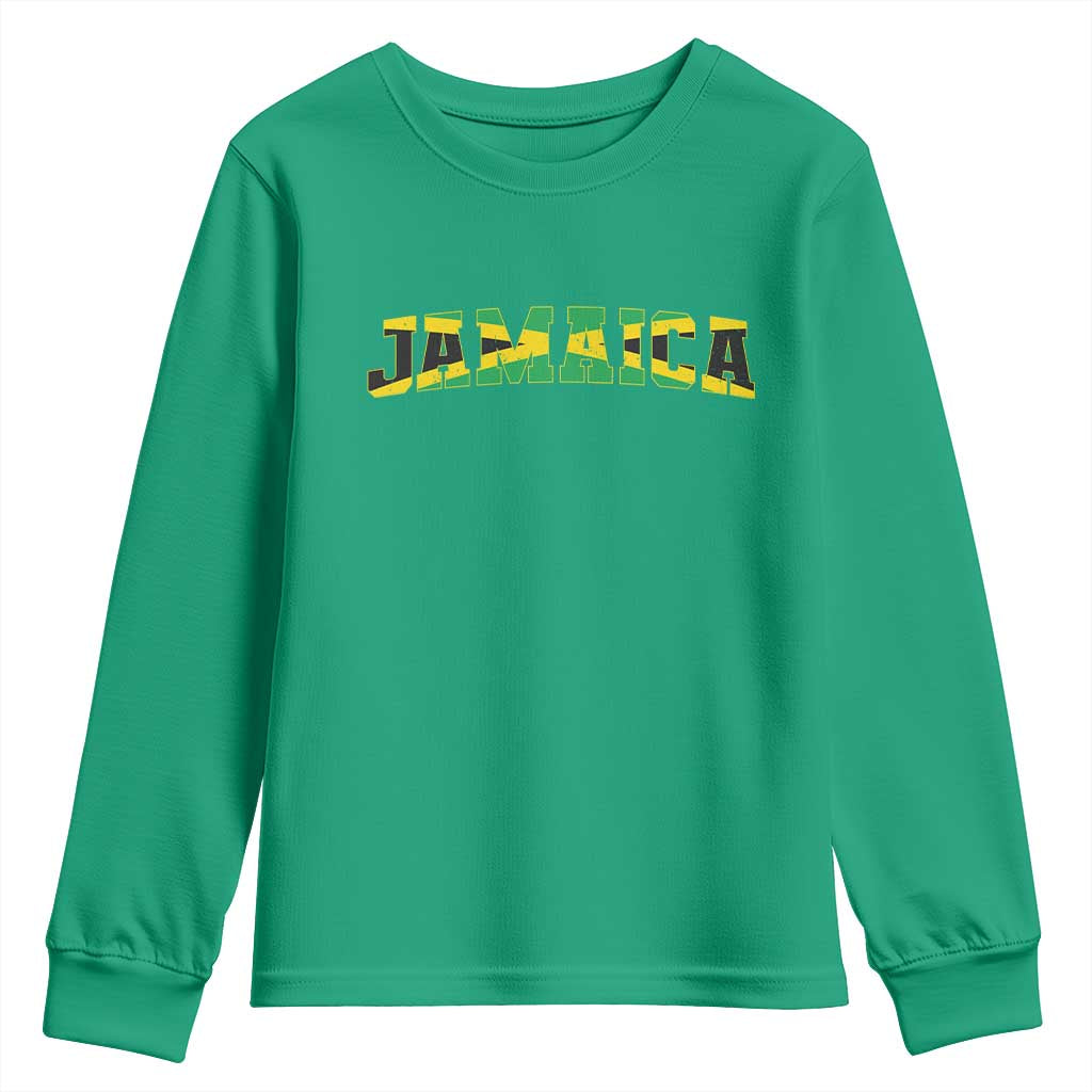 Jamaican Pride Youth Sweatshirt Retro Jamaica Flag Distressed Varsity Lettering Style - Wonder Print Shop
