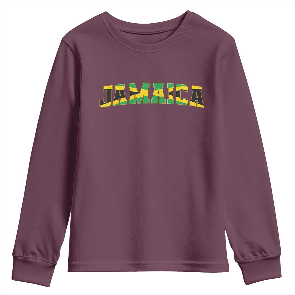 Jamaican Pride Youth Sweatshirt Retro Jamaica Flag Distressed Varsity Lettering Style - Wonder Print Shop