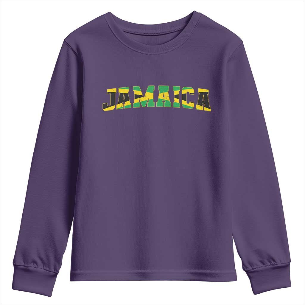 Jamaican Pride Youth Sweatshirt Retro Jamaica Flag Distressed Varsity Lettering Style - Wonder Print Shop