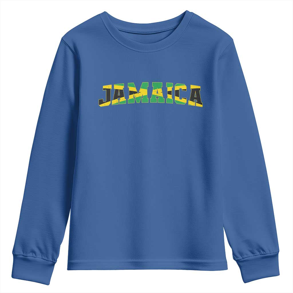 Jamaican Pride Youth Sweatshirt Retro Jamaica Flag Distressed Varsity Lettering Style - Wonder Print Shop