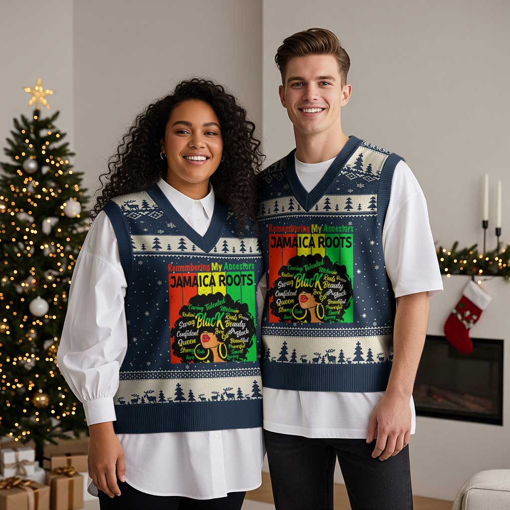 Proud Jamaican Afro Black Woman V-Neck Knit Sweater Vest Remembering My Ancestors Jamaica Pride - Wonder Print Shop