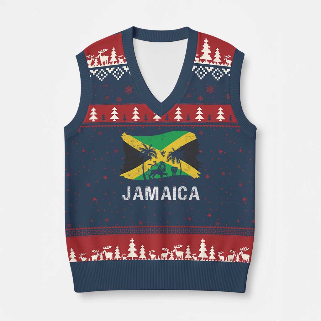 Jamaica V-Neck Knit Sweater Vest Retro Vintage Jamaican Pride Flag Lion Of Judah - Wonder Print Shop