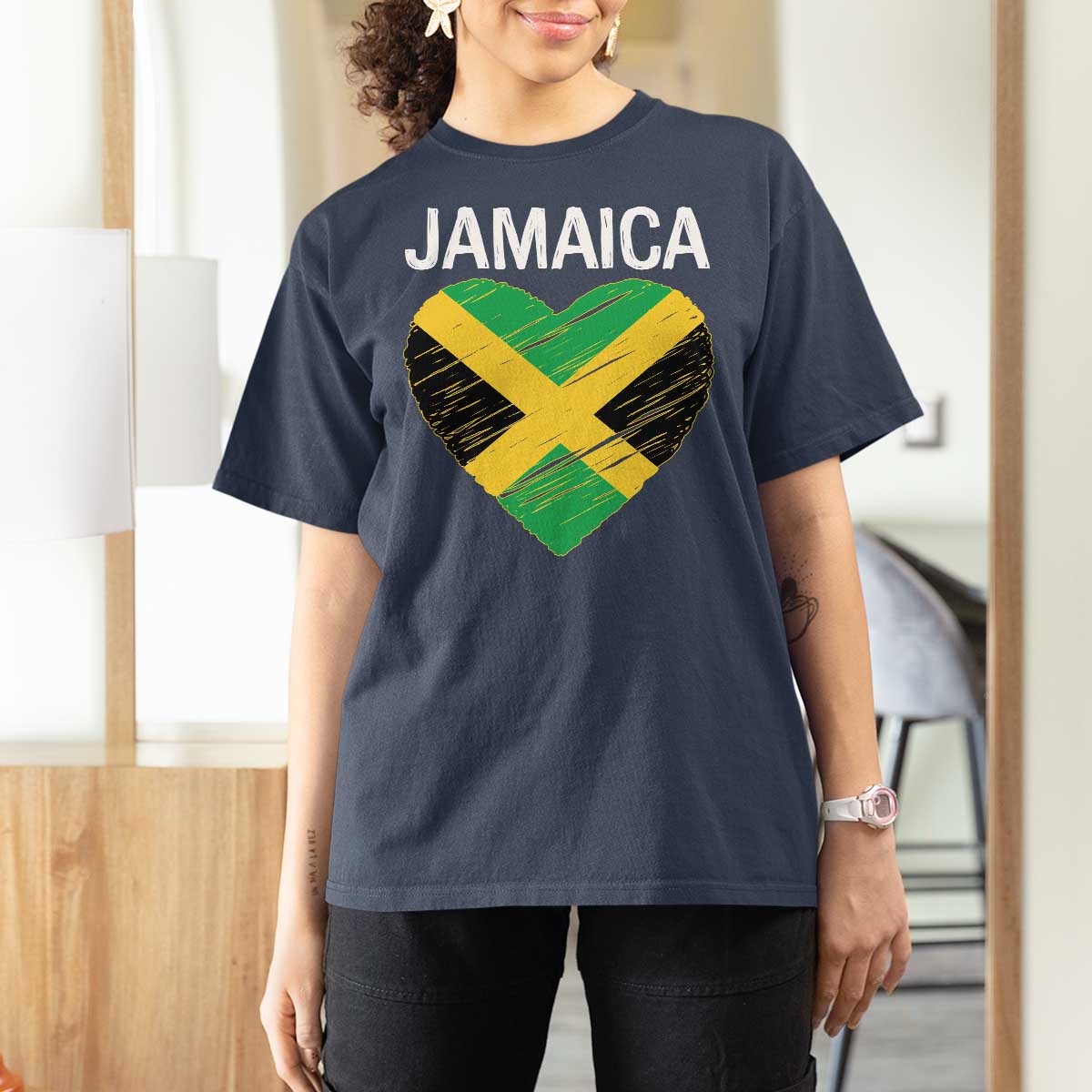 Jamaican Heart Flag T Shirt For Women Patriotic Jamaica Girls Proud Jamaican Roots - Wonder Print Shop
