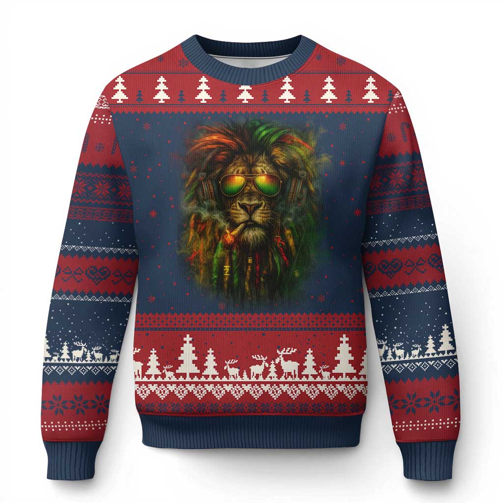 Rasta Reggae Lion Smoking Weed Ugly Christmas Sweater Jamaican Reggae Music and Weed Lovers - Wonder Print Shop