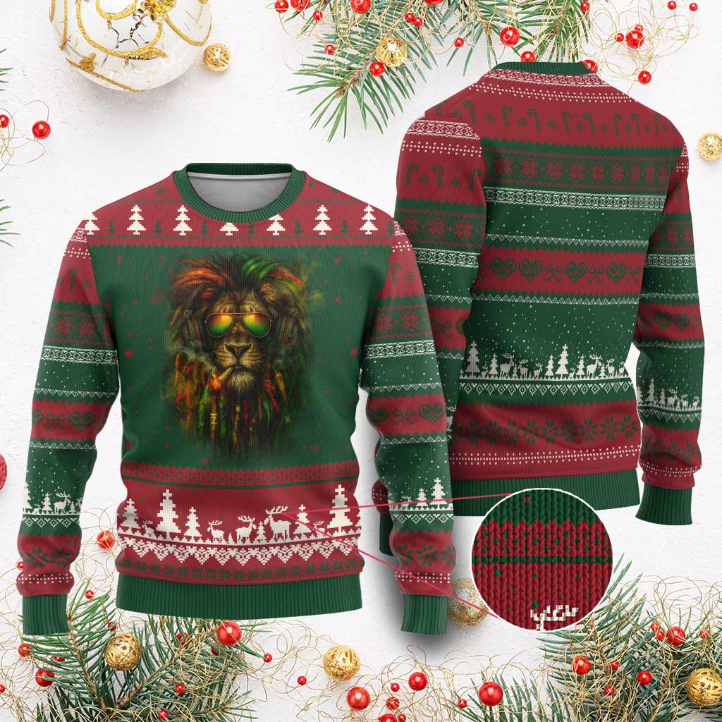 Rasta Reggae Lion Smoking Weed Ugly Christmas Sweater Jamaican Reggae Music and Weed Lovers - Wonder Print Shop