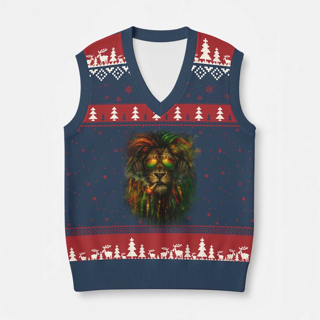 Rasta Reggae Lion Smoking Weed V-Neck Knit Sweater Vest Jamaican Reggae Music and Weed Lovers - Wonder Print Shop