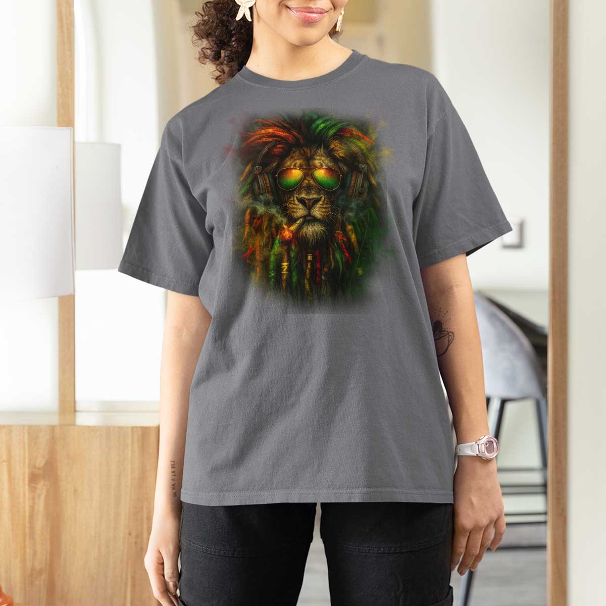 Rasta Reggae Lion Smoking Weed T Shirt For Women Jamaican Reggae Music and Weed Lovers - Wonder Print Shop