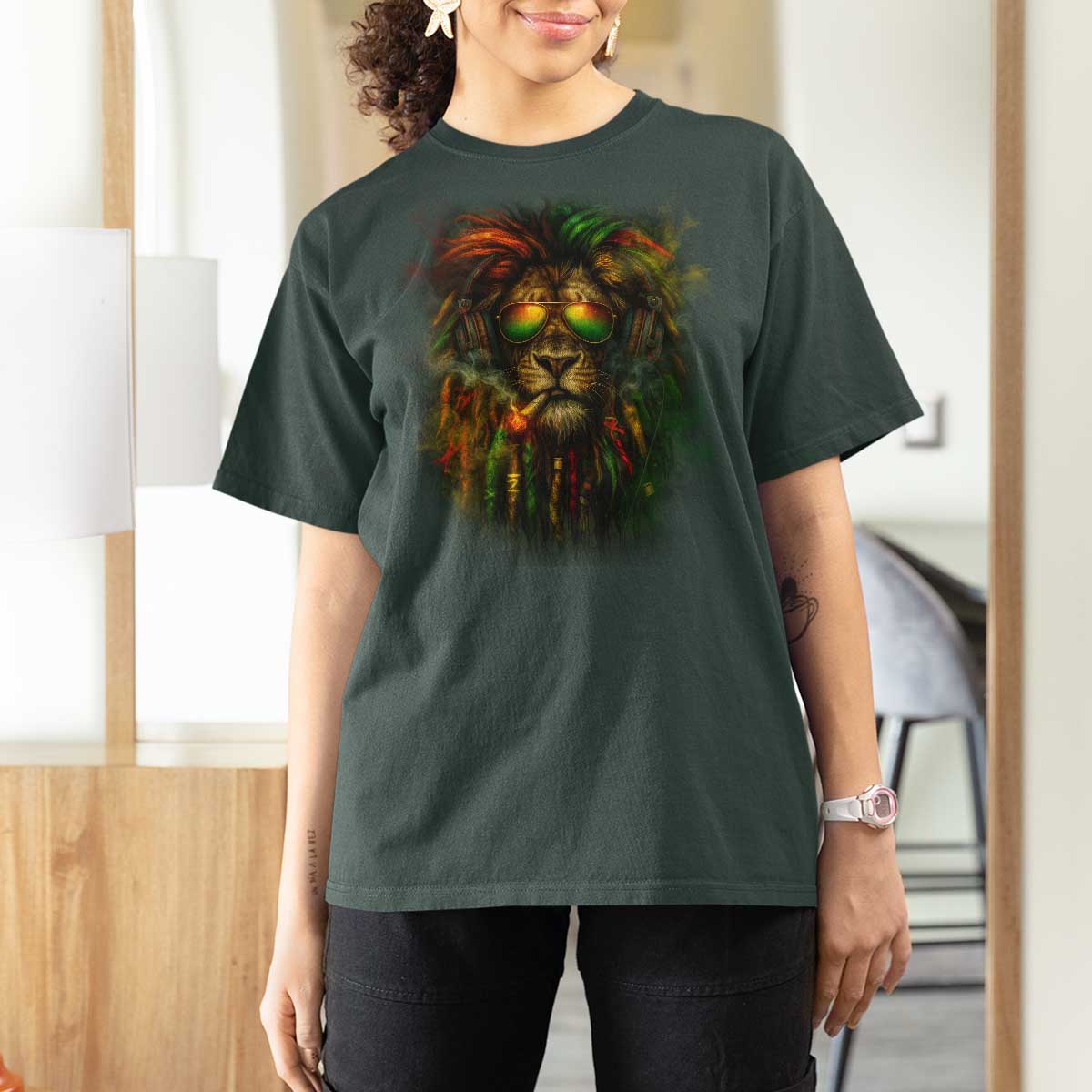 Rasta Reggae Lion Smoking Weed T Shirt For Women Jamaican Reggae Music and Weed Lovers - Wonder Print Shop