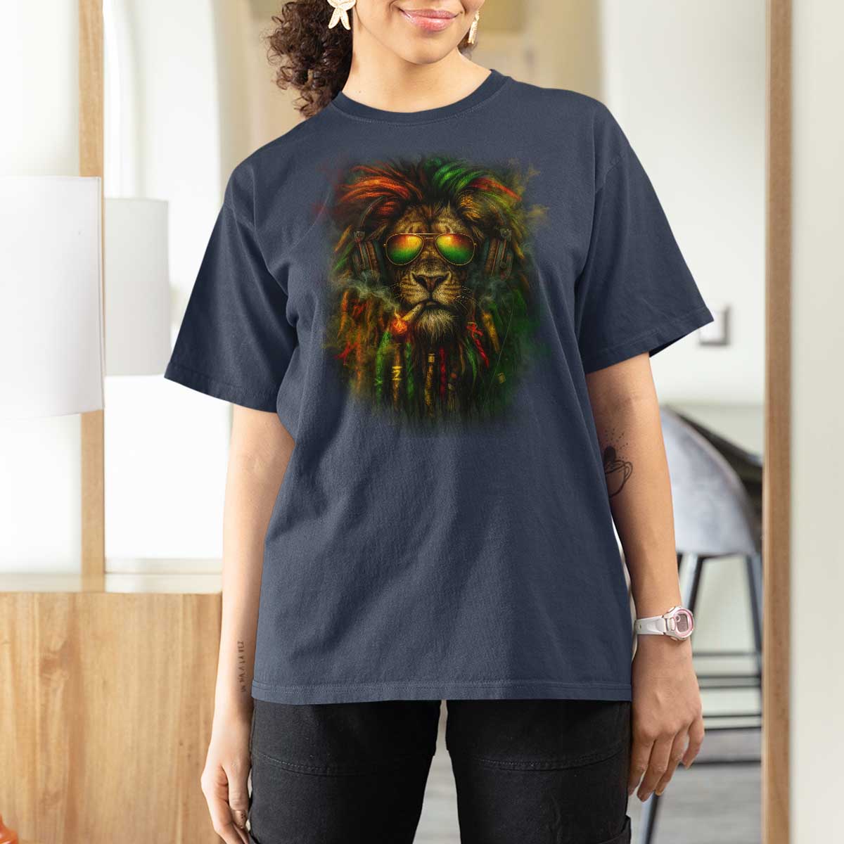 Rasta Reggae Lion Smoking Weed T Shirt For Women Jamaican Reggae Music and Weed Lovers - Wonder Print Shop