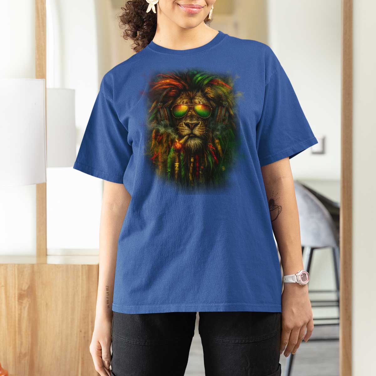 Rasta Reggae Lion Smoking Weed T Shirt For Women Jamaican Reggae Music and Weed Lovers - Wonder Print Shop