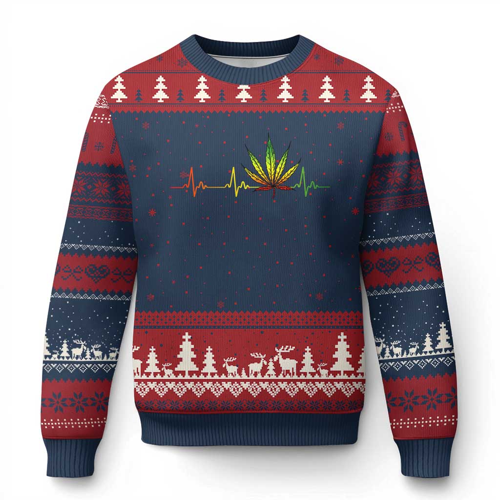 Reggae Weed Ugly Christmas Sweater Rasta Marijuana Leaf Heartbeat Weed Lovers 420 - Wonder Print Shop