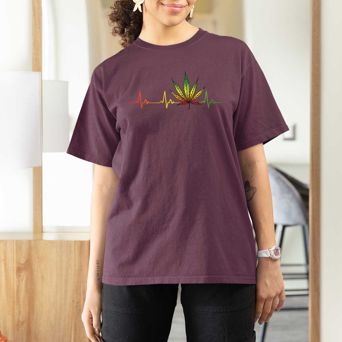 Reggae Weed T Shirt For Women Rasta Marijuana Leaf Heartbeat Weed Lovers 420 - Wonder Print Shop