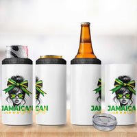 Proud Jamaican Girl 4 in 1 Can Cooler Tumbler Jamaica Messy Bun Retro Vintage Jamaican Flag - Wonder Print Shop
