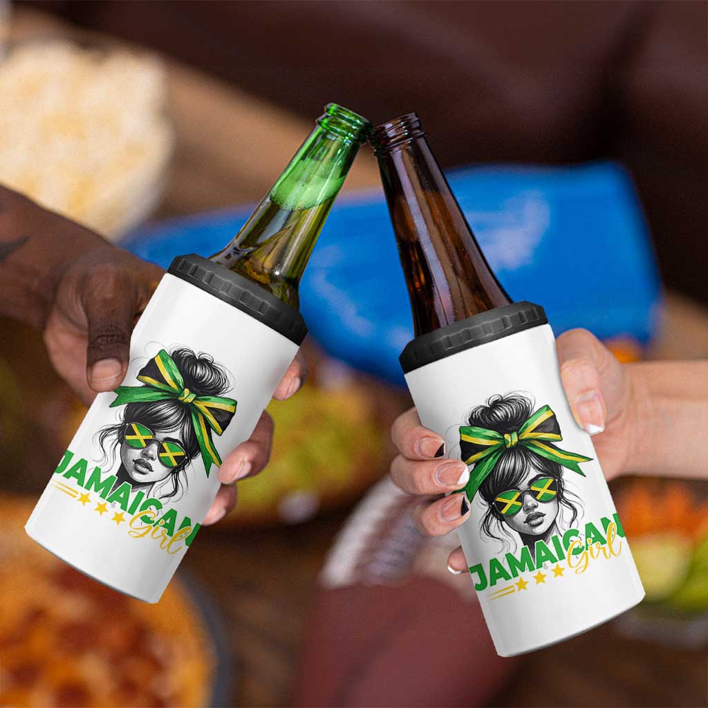 Proud Jamaican Girl 4 in 1 Can Cooler Tumbler Jamaica Messy Bun Retro Vintage Jamaican Flag - Wonder Print Shop