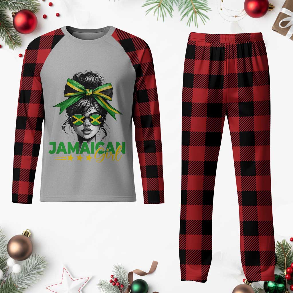 Proud Jamaican Girl Plaid Pajama Set Jamaica Messy Bun Retro Vintage Jamaican Flag - Wonder Print Shop