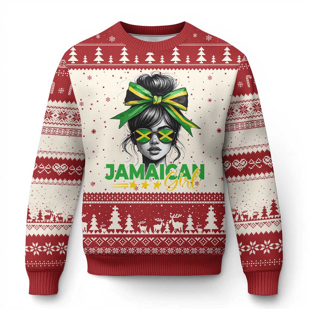 Proud Jamaican Girl Ugly Christmas Sweater Jamaica Messy Bun Retro Vintage Jamaican Flag - Wonder Print Shop