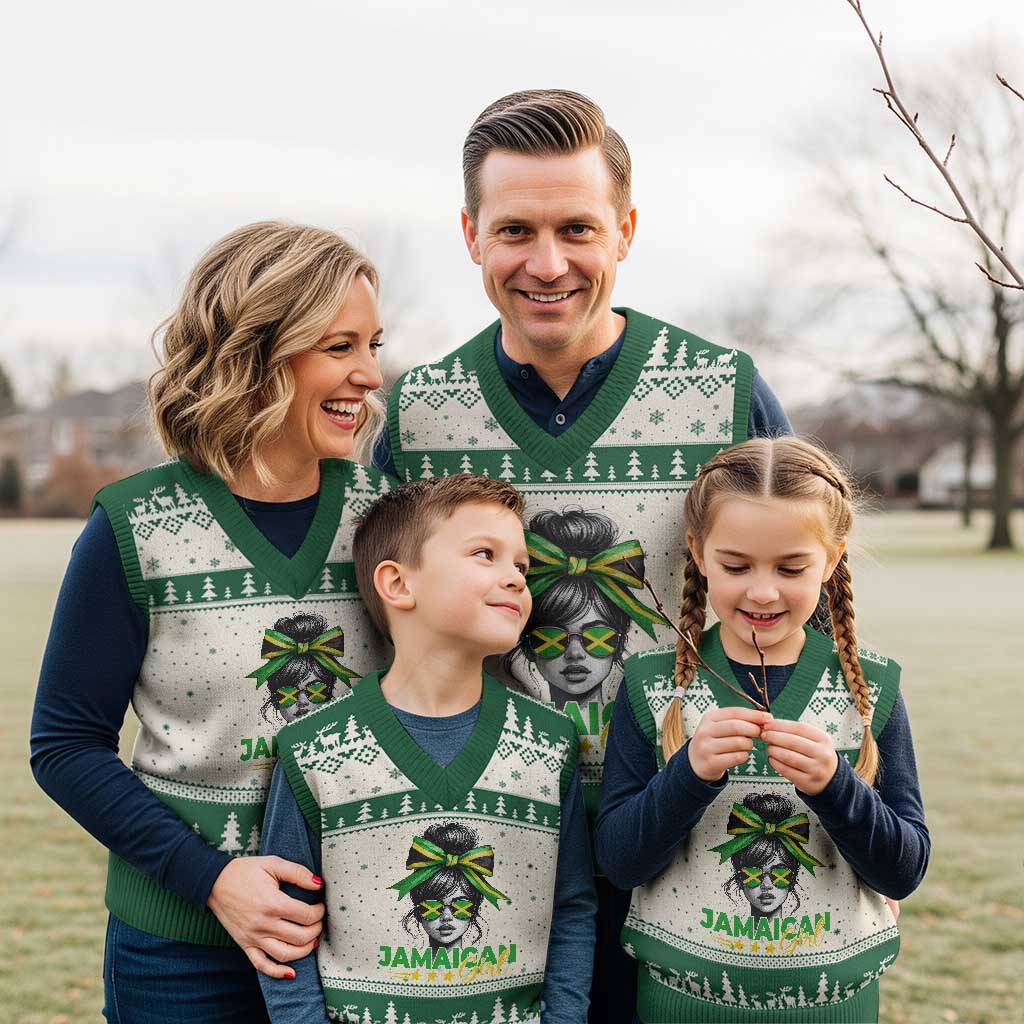 Proud Jamaican Girl V-Neck Knit Sweater Vest Jamaica Messy Bun Retro Vintage Jamaican Flag - Wonder Print Shop