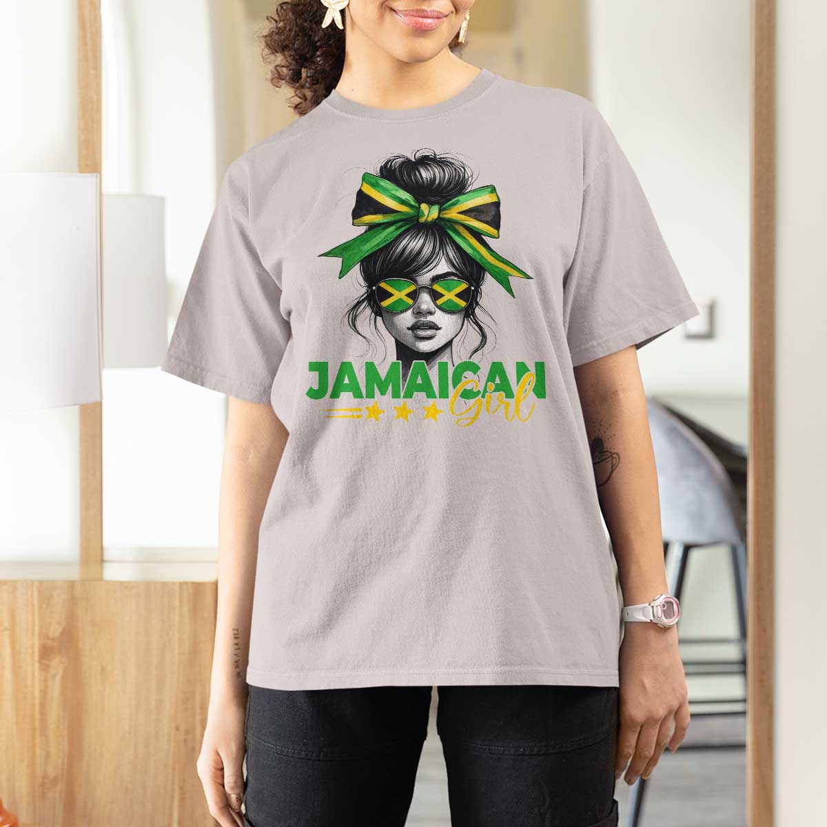 Proud Jamaican Girl T Shirt For Women Jamaica Messy Bun Retro Vintage Jamaican Flag - Wonder Print Shop