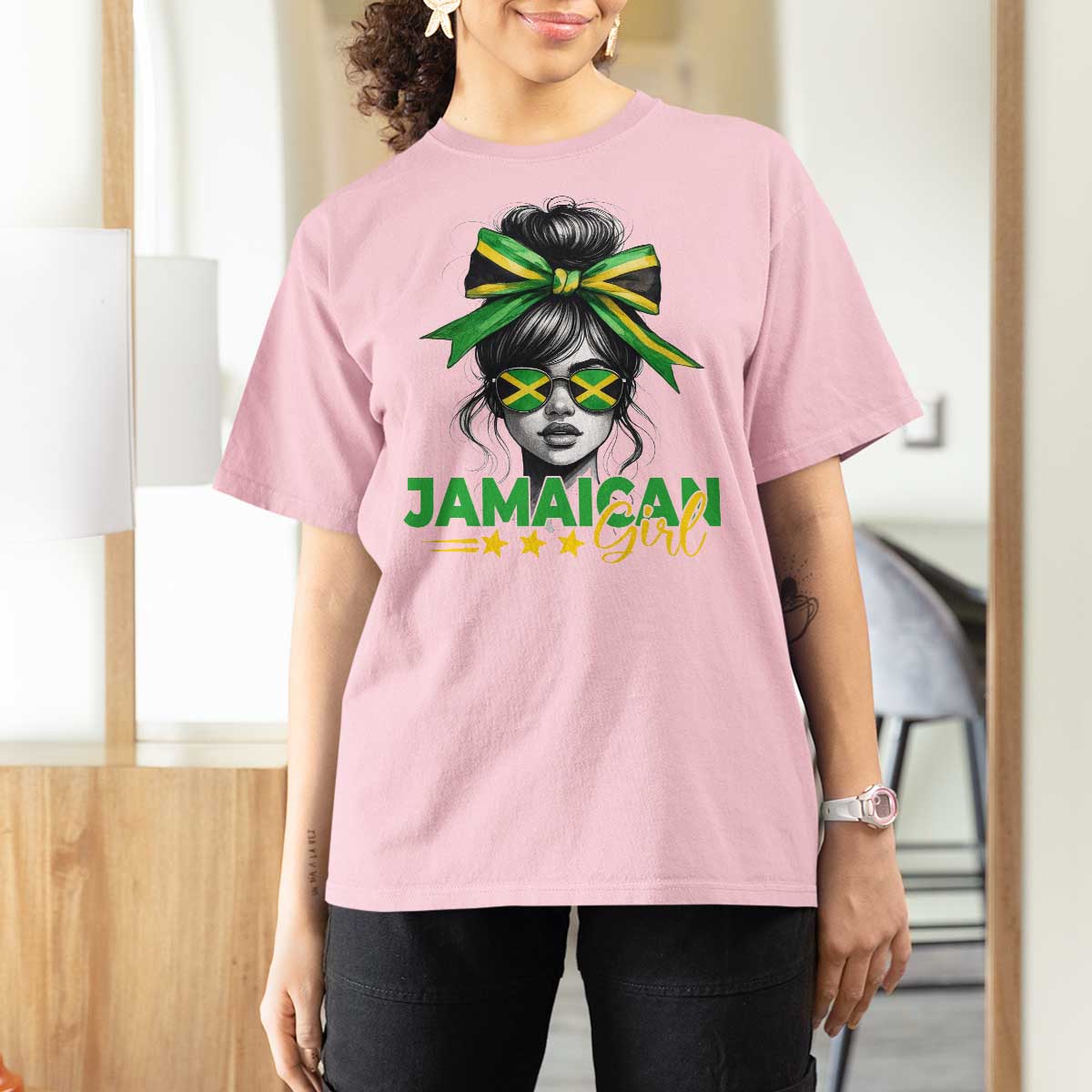 Proud Jamaican Girl T Shirt For Women Jamaica Messy Bun Retro Vintage Jamaican Flag - Wonder Print Shop