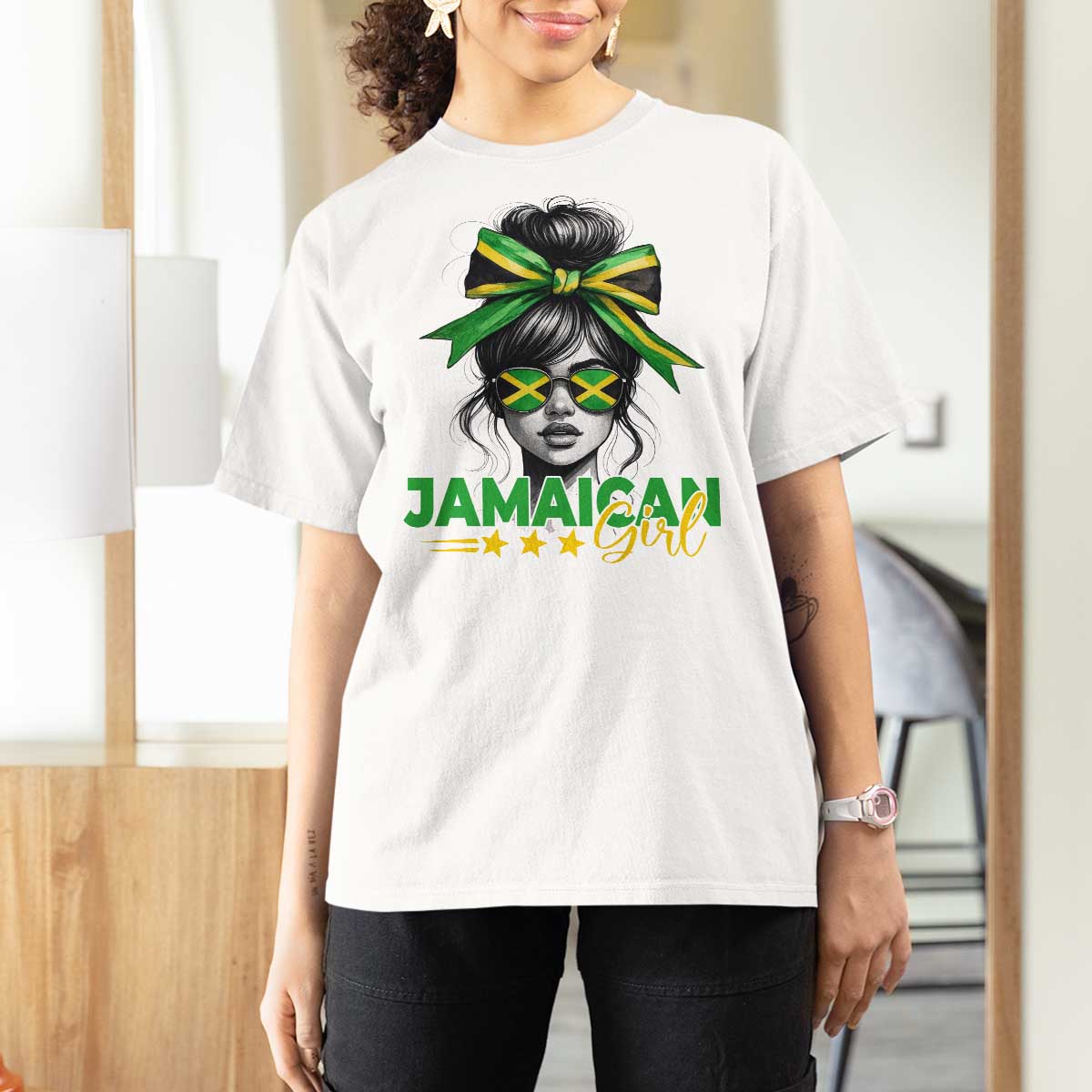 Proud Jamaican Girl T Shirt For Women Jamaica Messy Bun Retro Vintage Jamaican Flag - Wonder Print Shop