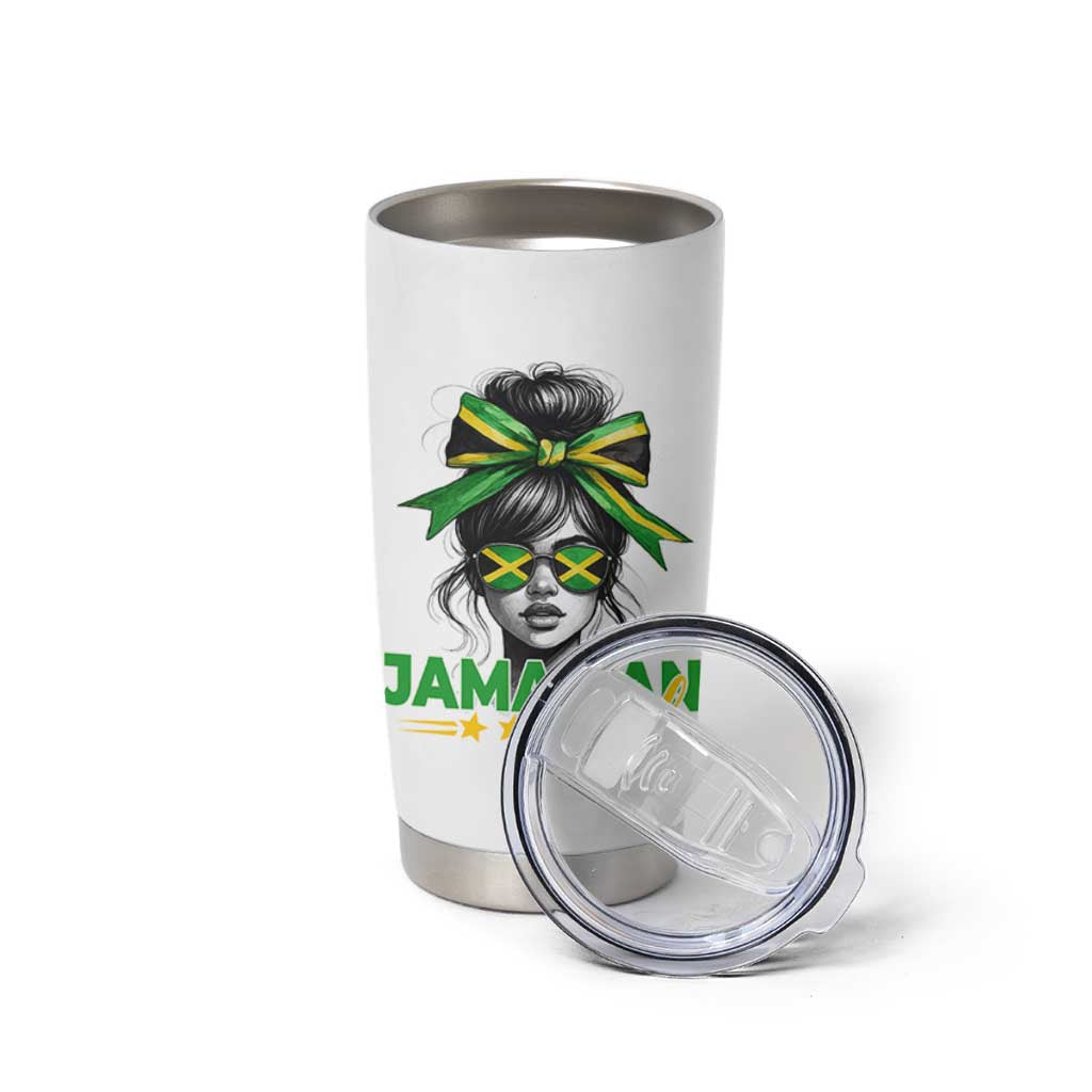 Proud Jamaican Girl Tumbler Cup Jamaica Messy Bun Retro Vintage Jamaican Flag - Wonder Print Shop