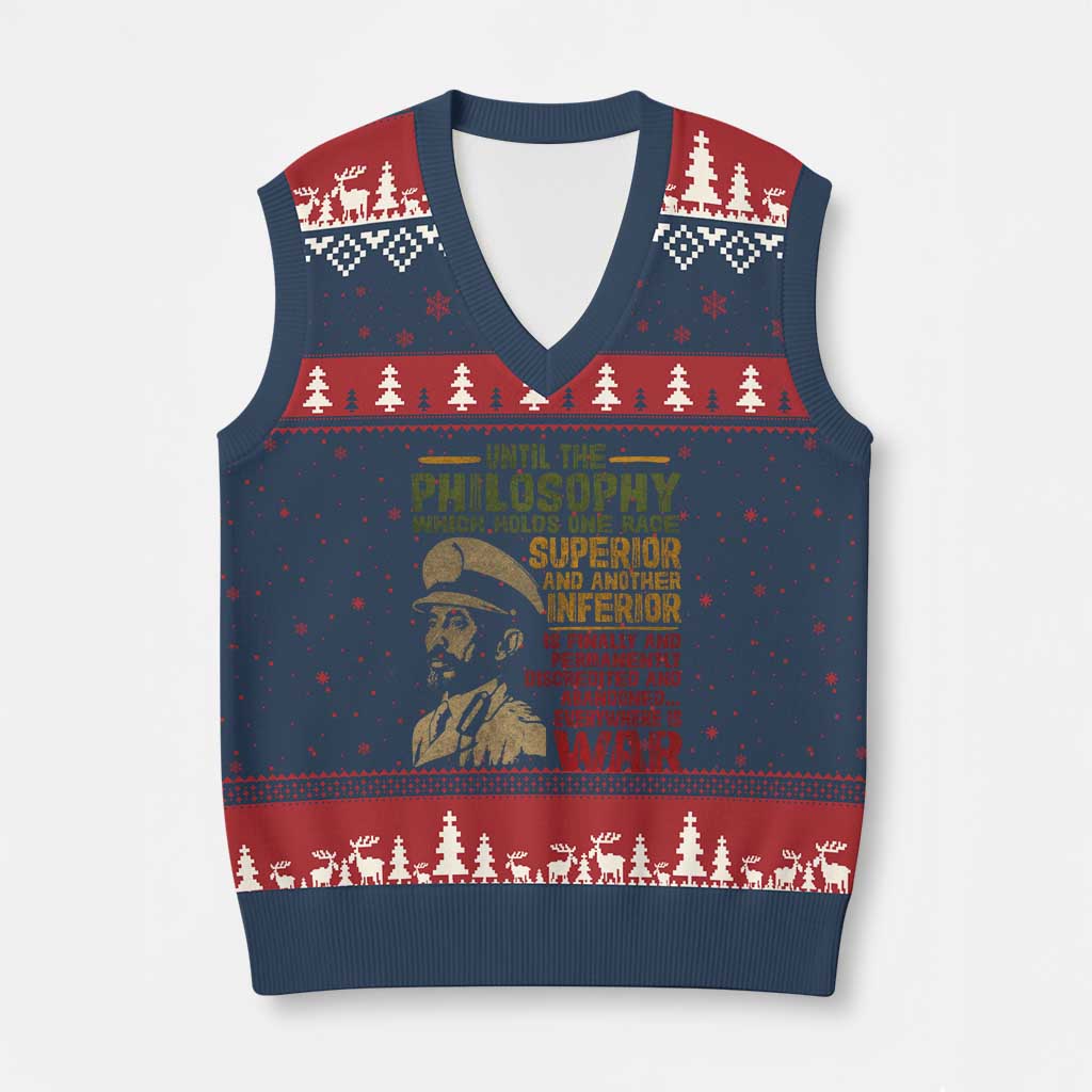 Haile Selassie V-Neck Knit Sweater Vest War Speech Lion of Judah Rasta Jah Bless - Wonder Print Shop