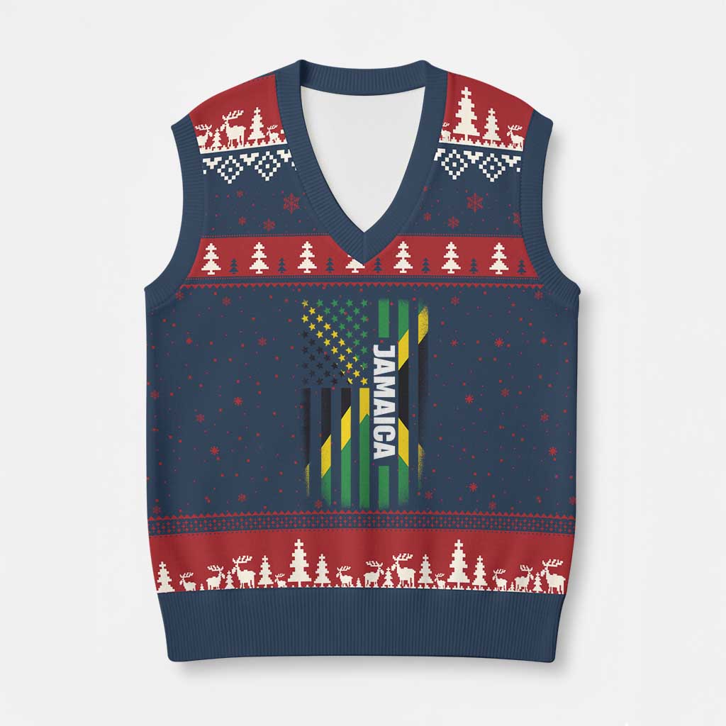 Jamaican American Flag V-Neck Knit Sweater Vest Distressed Jamaica America Usa Flag - Wonder Print Shop