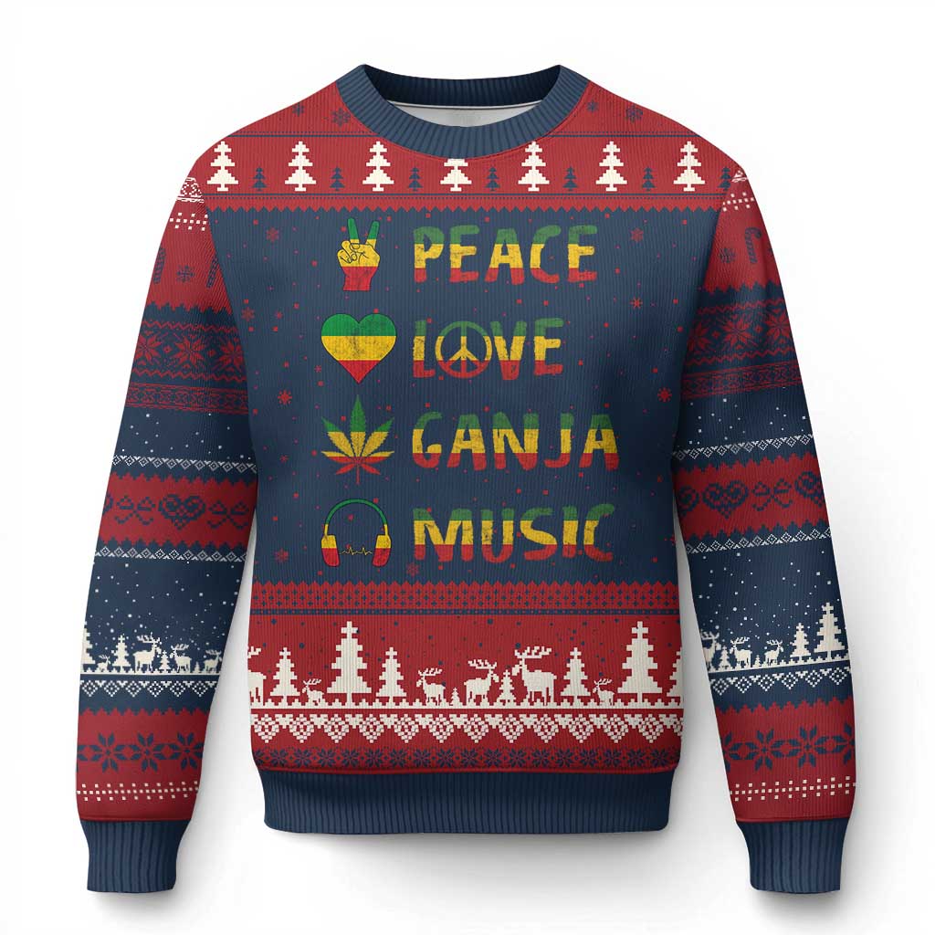 Rasta Weed Ugly Christmas Sweater Peace Love Ganja Marijuana Cannabis Reggae Music - Wonder Print Shop