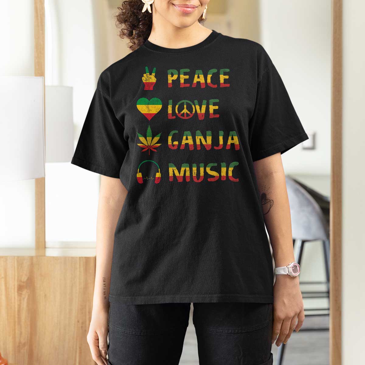 Rasta Weed T Shirt For Women Peace Love Ganja Marijuana Cannabis Reggae Music - Wonder Print Shop
