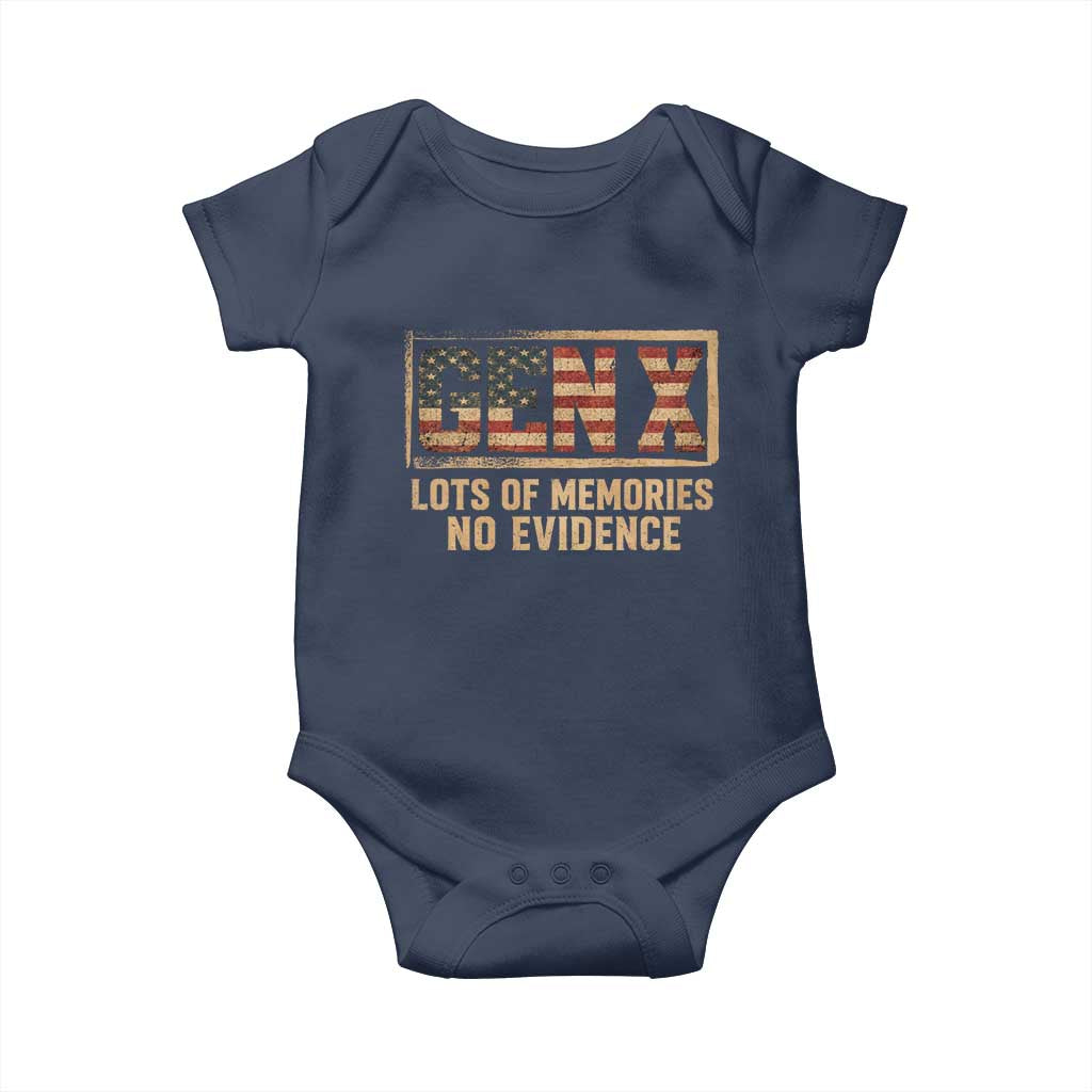 Funny Saying Sarcastic Gen X Lots of Memories No Evidence Baby Onesie Vintage American Flag