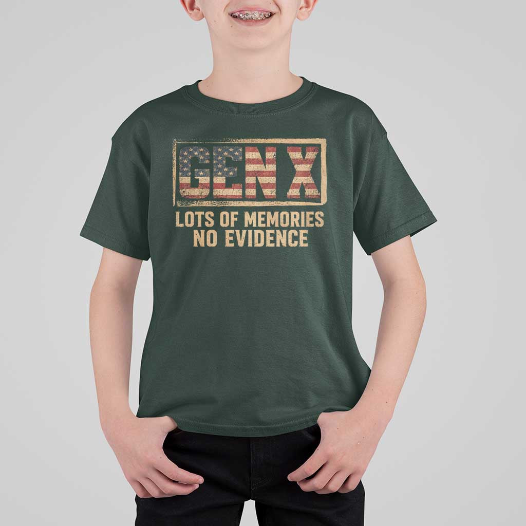 Funny Saying Sarcastic Gen X Lots of Memories No Evidence T Shirt For Kid Vintage American Flag