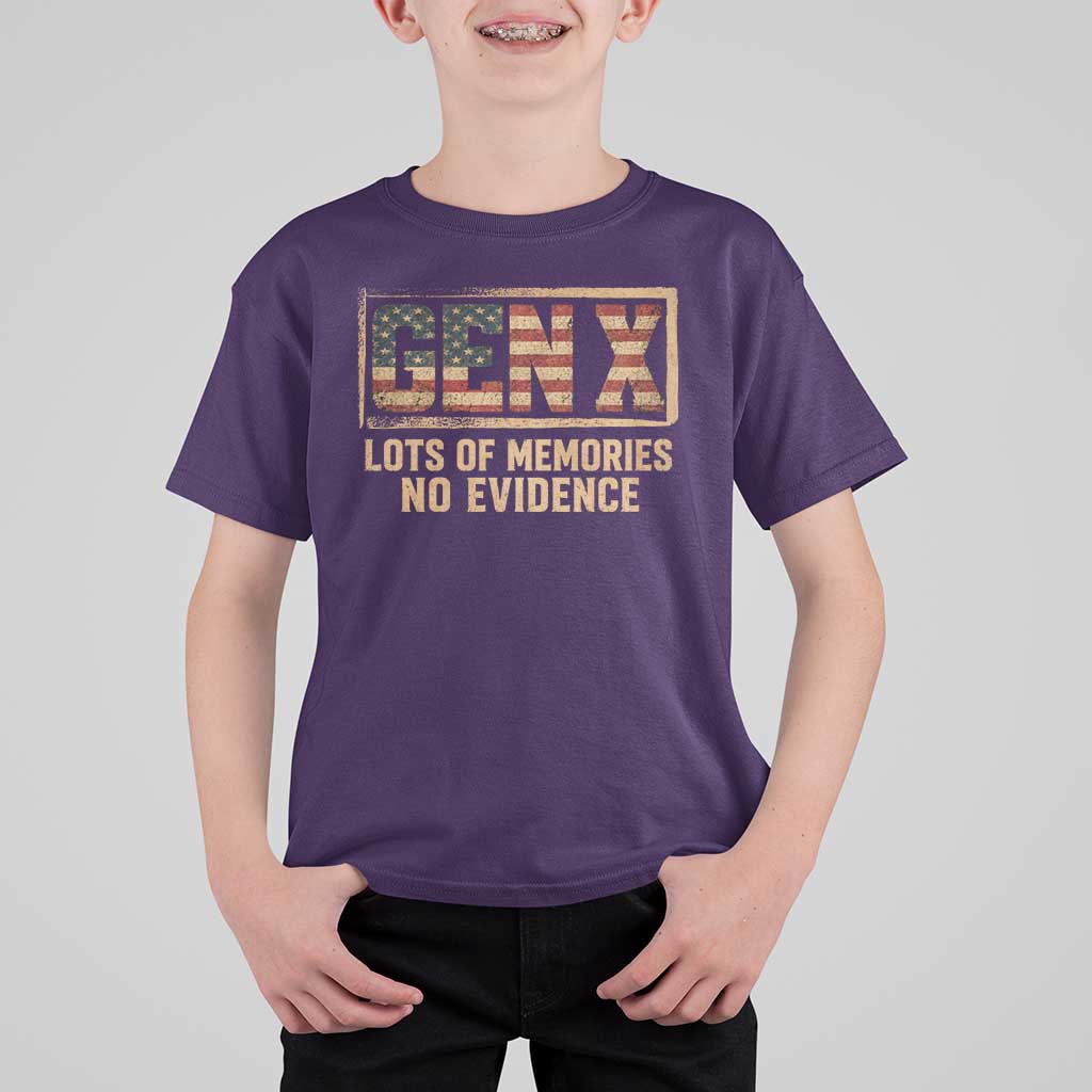 Funny Saying Sarcastic Gen X Lots of Memories No Evidence T Shirt For Kid Vintage American Flag