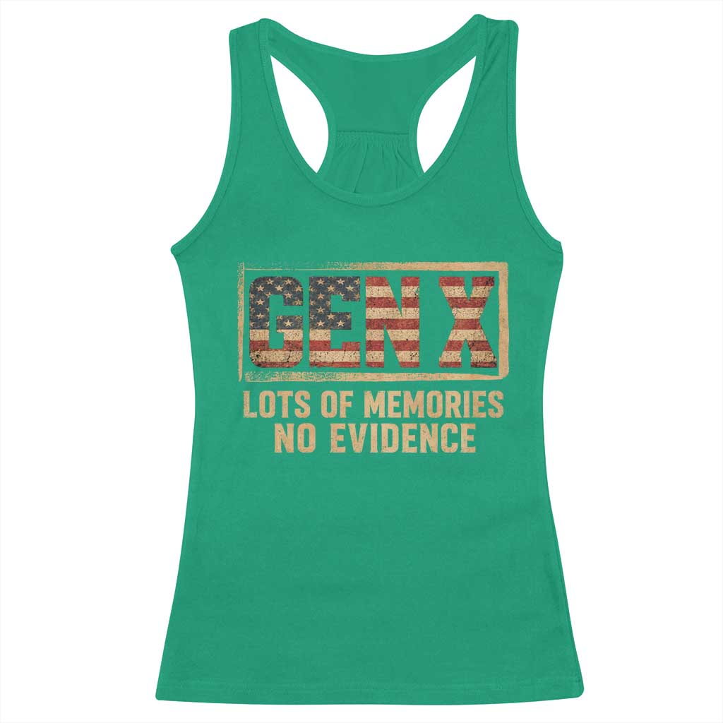 Funny Saying Sarcastic Gen X Lots of Memories No Evidence Racerback Tank Top Vintage American Flag