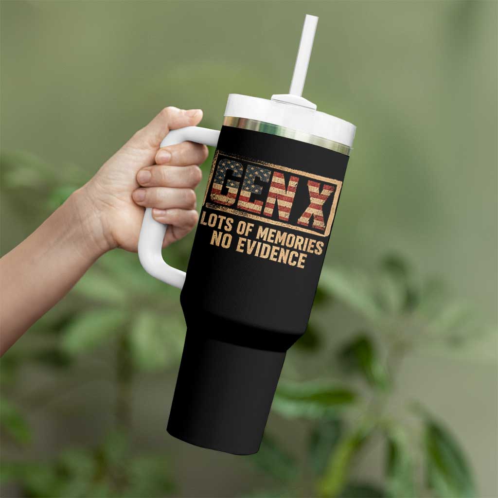 Funny Saying Sarcastic Gen X Lots of Memories No Evidence Tumbler With Handle Vintage American Flag