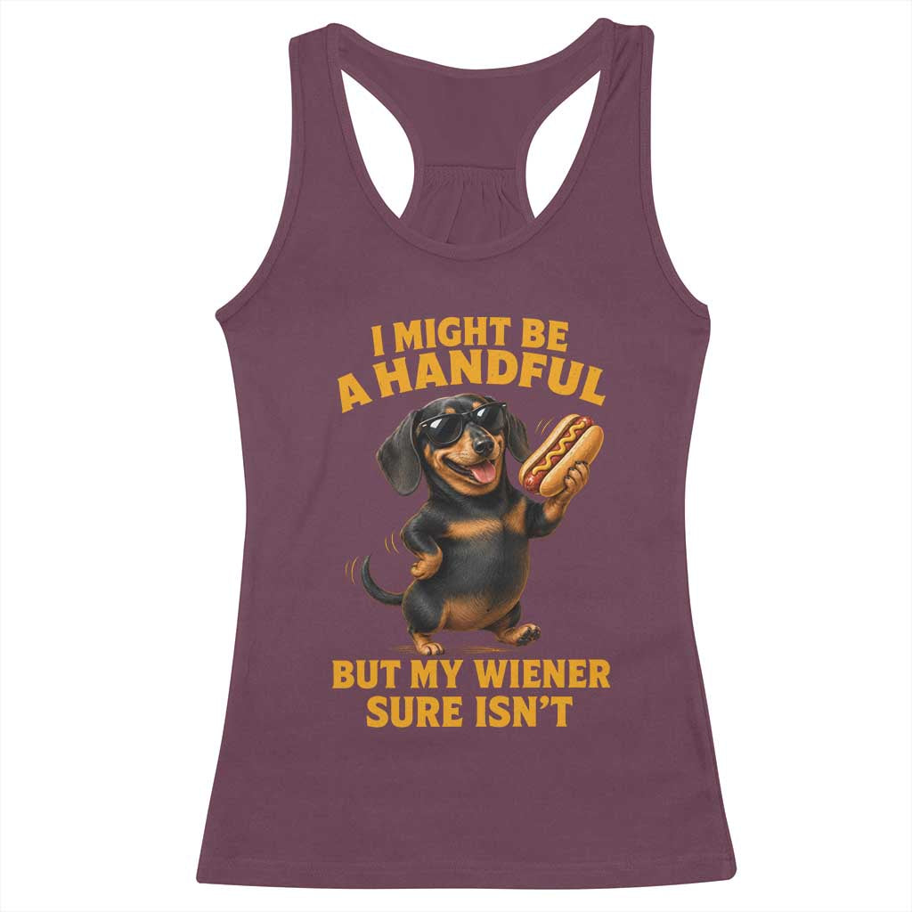 Funny Embarrassing Dachshund Racerback Tank Top Wiener Hot Dog Pun Crude Cringey Inappropriate Humor
