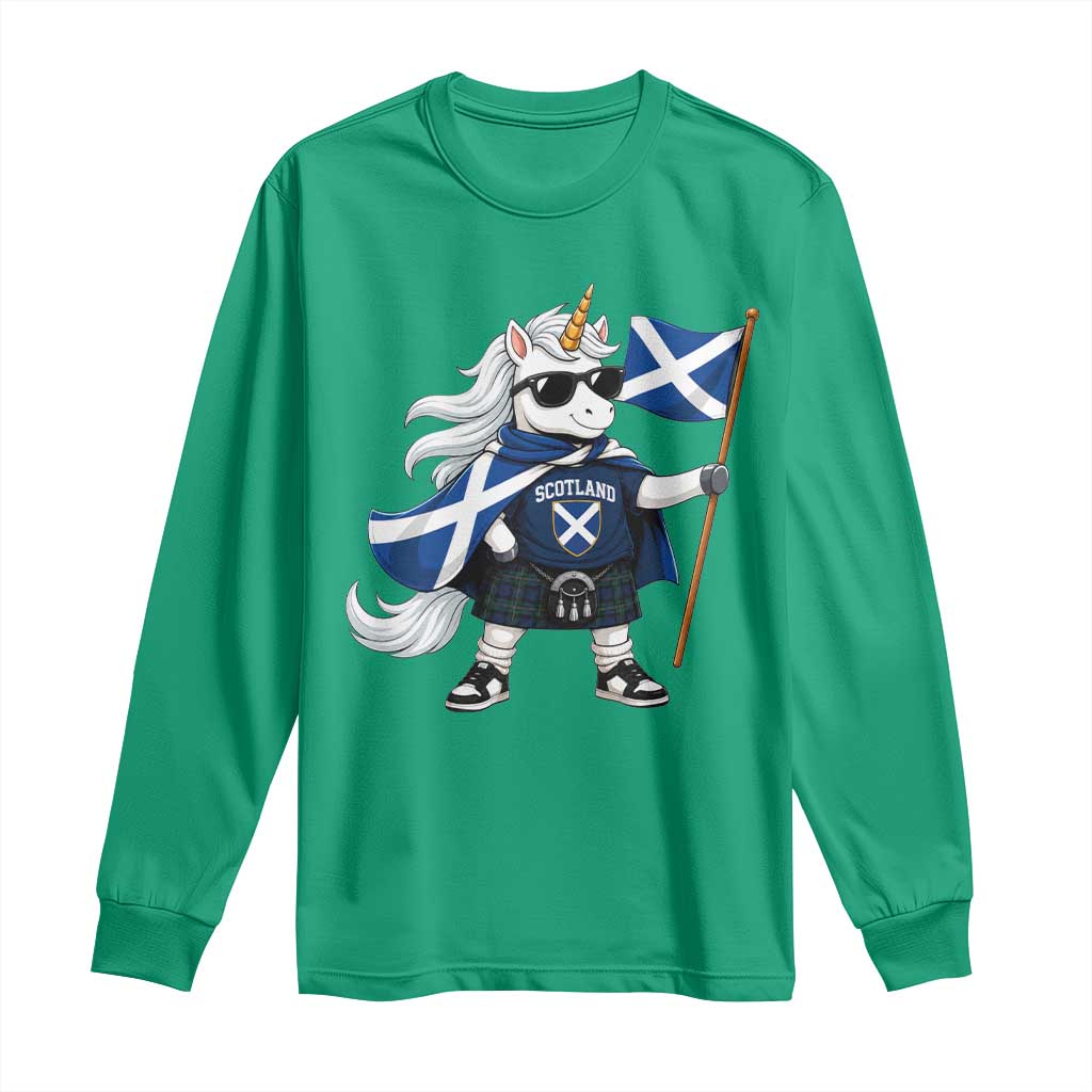 Funny Scotland Unicorn Long Sleeve Shirt Cool Scottish Unicorn with Kilt Flag Scotland Pride Football Fans
