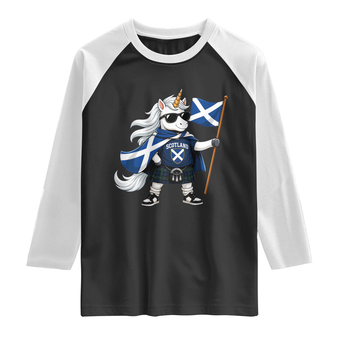 Funny Scotland Unicorn Raglan Shirt Cool Scottish Unicorn with Kilt Flag Scotland Pride Football Fans