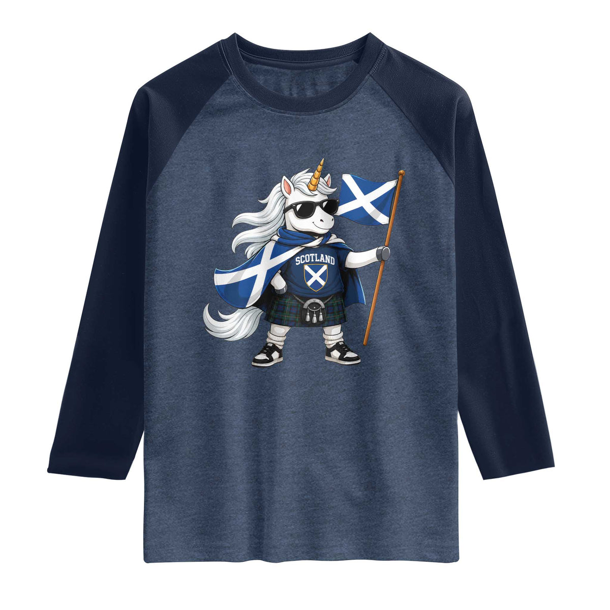 Funny Scotland Unicorn Raglan Shirt Cool Scottish Unicorn with Kilt Flag Scotland Pride Football Fans