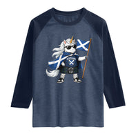 Funny Scotland Unicorn Raglan Shirt Cool Scottish Unicorn with Kilt Flag Scotland Pride Football Fans