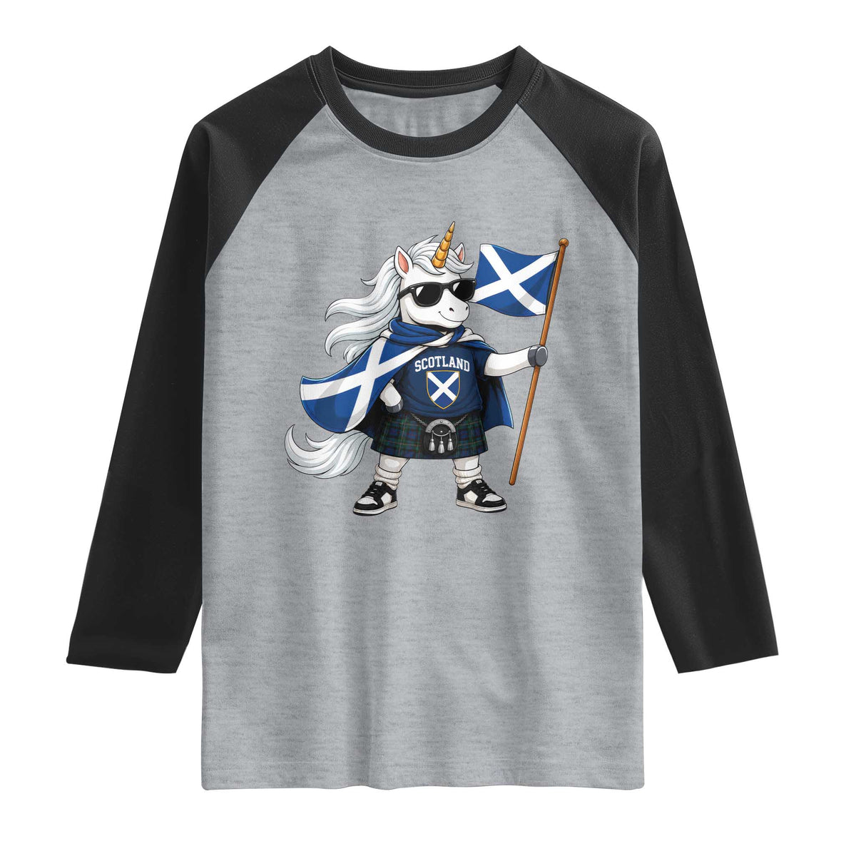 Funny Scotland Unicorn Raglan Shirt Cool Scottish Unicorn with Kilt Flag Scotland Pride Football Fans