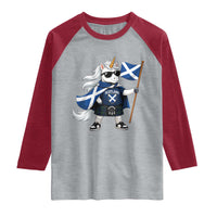 Funny Scotland Unicorn Raglan Shirt Cool Scottish Unicorn with Kilt Flag Scotland Pride Football Fans