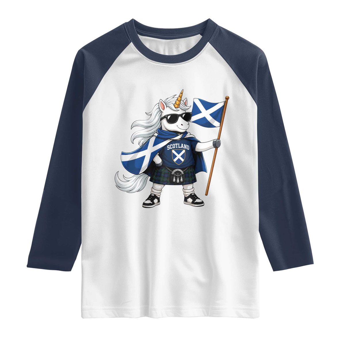 Funny Scotland Unicorn Raglan Shirt Cool Scottish Unicorn with Kilt Flag Scotland Pride Football Fans