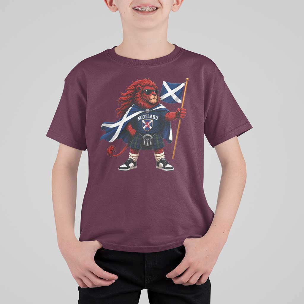 Proud Scotland Rampant Lion T Shirt For Kid Scottish Flag Red Lion Mascot with Kilt Football Fans