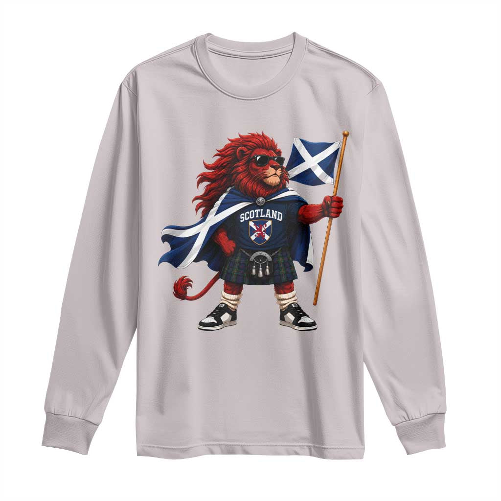 Proud Scotland Rampant Lion Long Sleeve Shirt Scottish Flag Red Lion Mascot with Kilt Football Fans