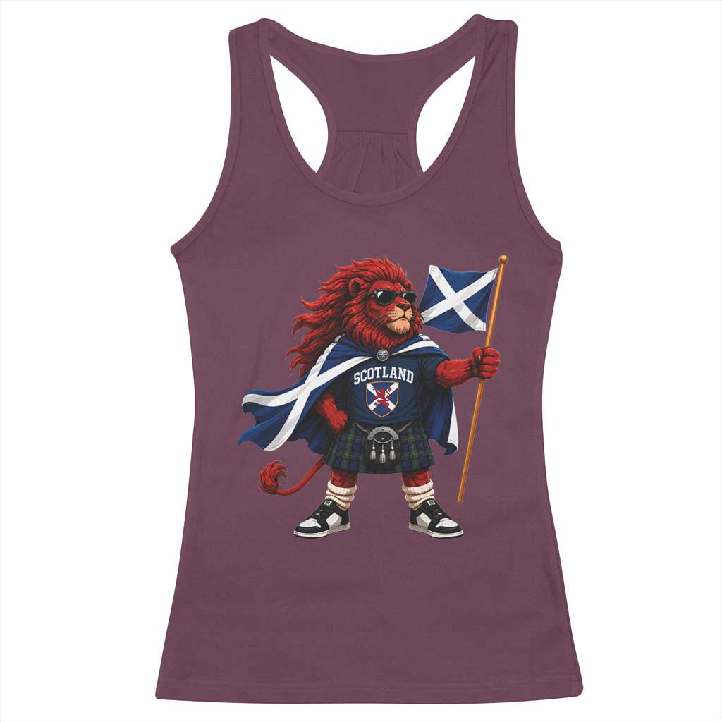 Proud Scotland Rampant Lion Racerback Tank Top Scottish Flag Red Lion Mascot with Kilt Football Fans