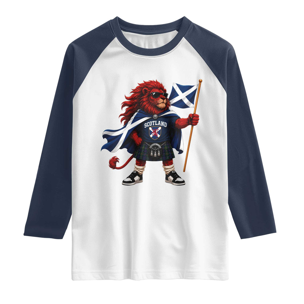 Proud Scotland Rampant Lion Raglan Shirt Scottish Flag Red Lion Mascot with Kilt Football Fans
