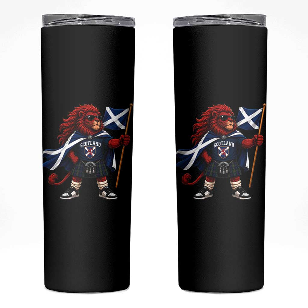 Proud Scotland Rampant Lion Skinny Tumbler Scottish Flag Red Lion Mascot with Kilt Football Fans